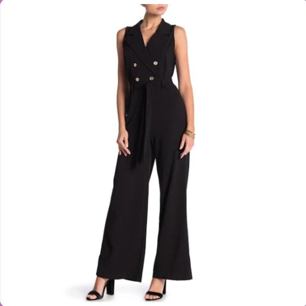 Nanette Lepore Women's Black Double-Breasted Belted V-Neck Jumpsuit